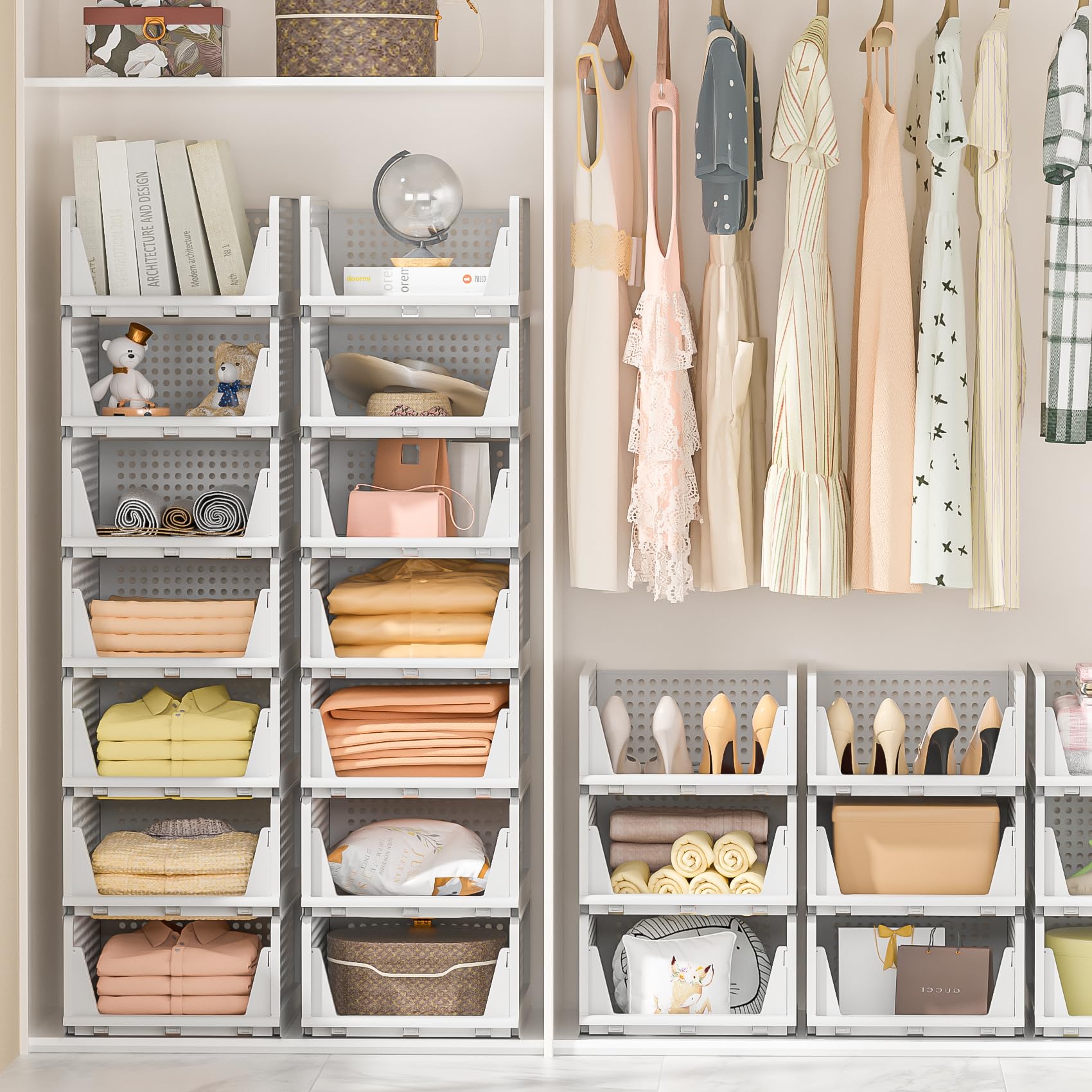 Neprock Clothes Organizers And Storage, 5 Pack Stackable Plastic Bins, Foldable Closet Organizers Drawers For Clothing Storage (5L)(White)